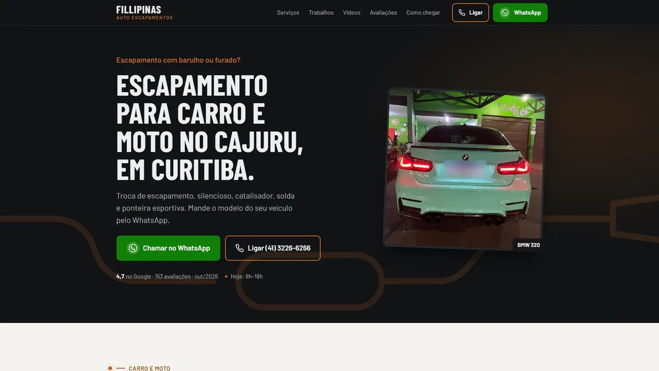 Primeira tela do site da Fillipinas Auto Escapamentos
